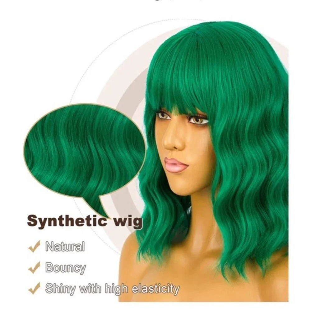 Short Bob Wigs with Bangs Loose Wavy Wig Curly Wavy Shoulder Length Green